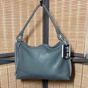 the Sak Dusty Blue Mariposa Genuine Leather Shoulder Bag With Braided Accents